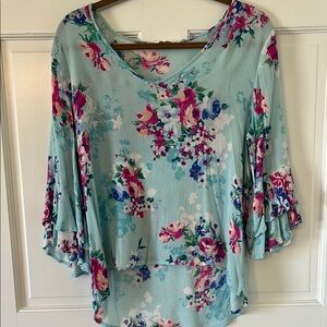 Newbury Kustom Blue and Pink Blouse with Floral Print and Flared Sleeves